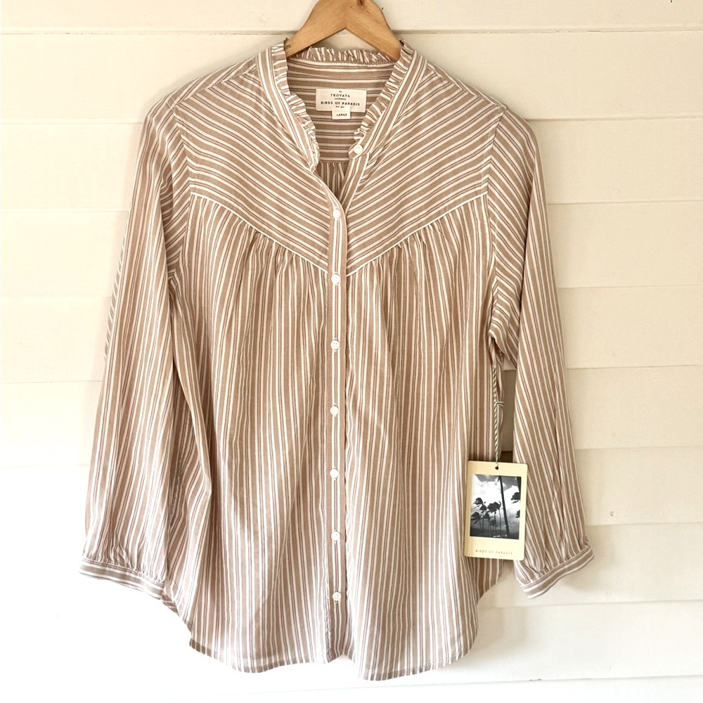 NWT Birds of Paradise by Trovata beige white stripe shirt large
